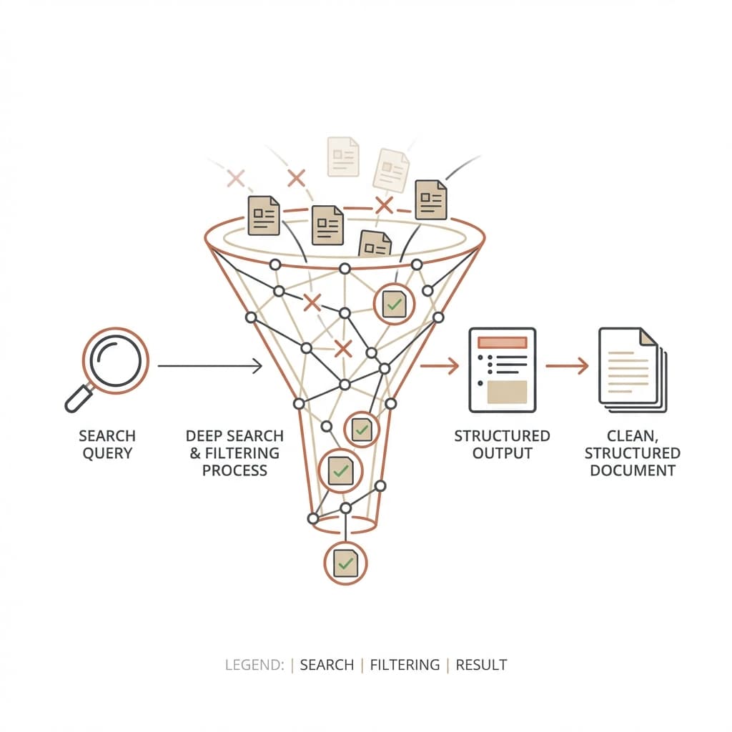 Pipeline de pesquisa mostrando funil de processamento de documentos